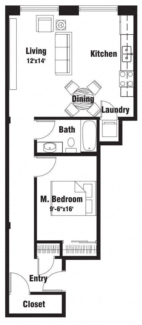 Floor plan for 1 bed, 1 bath, 697 sqft